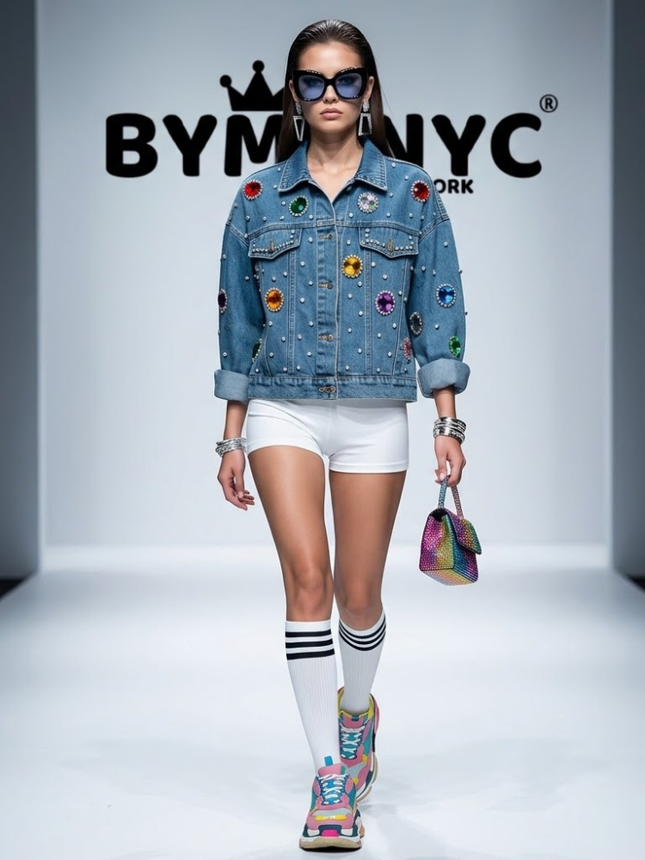 Oversized Blue Denim Jacket with Jewel & Pearl Details