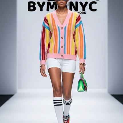 Rainbow-Striped V-Neck Knit Cardigan