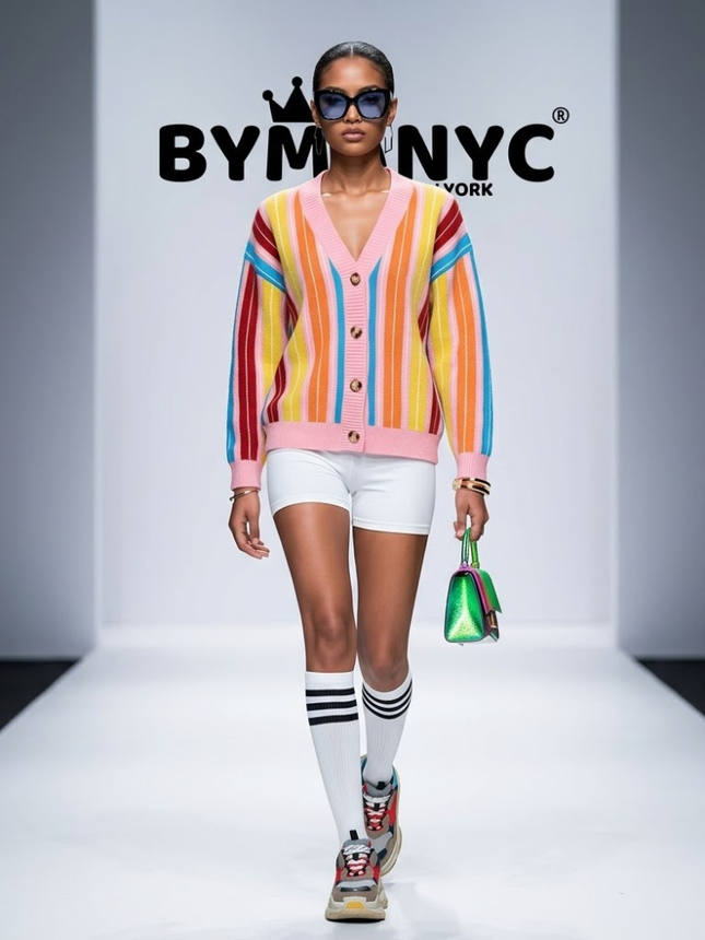 Rainbow-Striped V-Neck Knit Cardigan