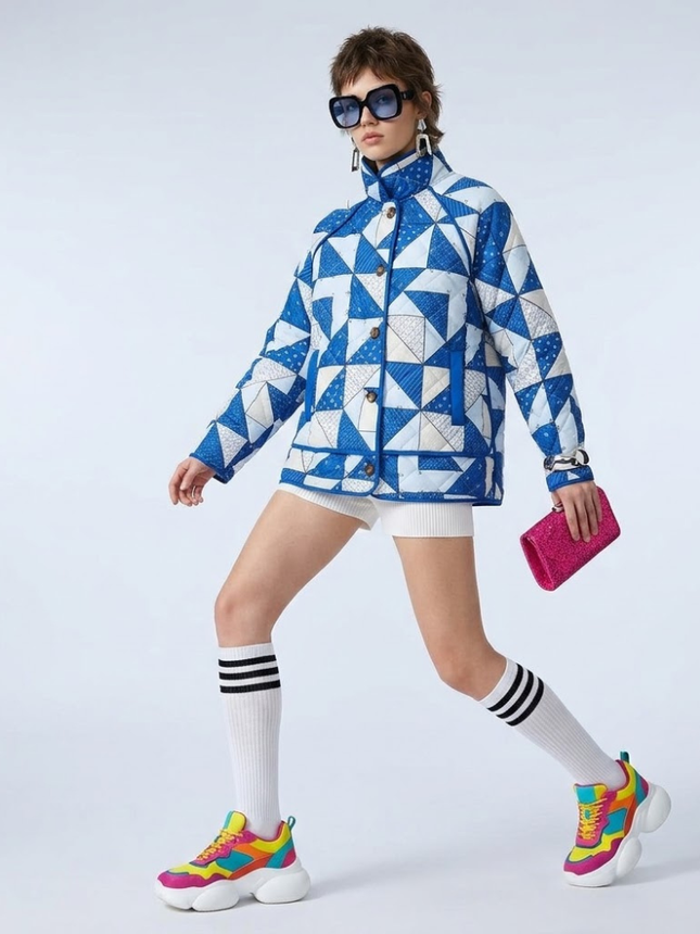 Blue & White Geometric Quilted Jacket