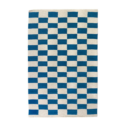 Zapotec Checkered Rug – Blue & Ivory