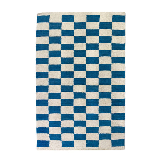 Zapotec Checkered Rug – Blue & Ivory
