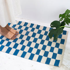 Zapotec Checkered Rug – Blue & Ivory