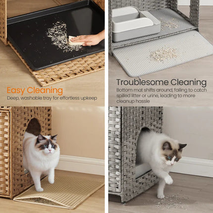 Boho Handwoven Rattan Hidden Litter Box Furniture | Washable Tray & Litter Mat Included