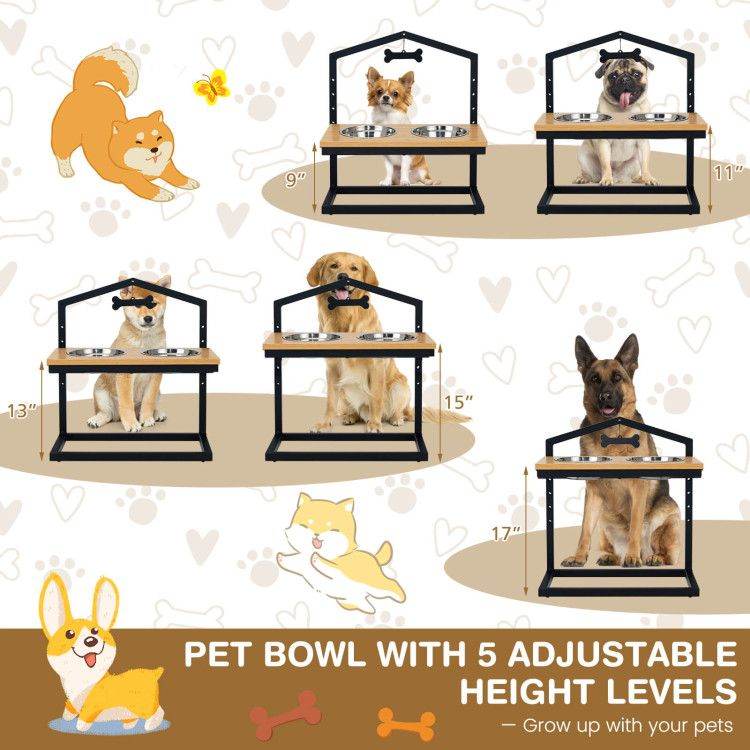 Adjustable Elevated Dog Feeder with 5 Height Settings - Premium Raised Pet Feeding Station with 2 Large Stainless Steel Bowls - Marcapon