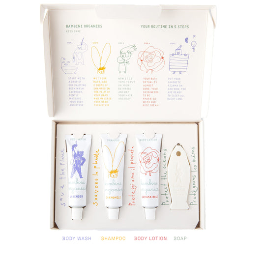 Bambini Organics Paris Baby Care Set – Natural Shampoo, Shower Gel, Lotion & Soap in Storybook Box