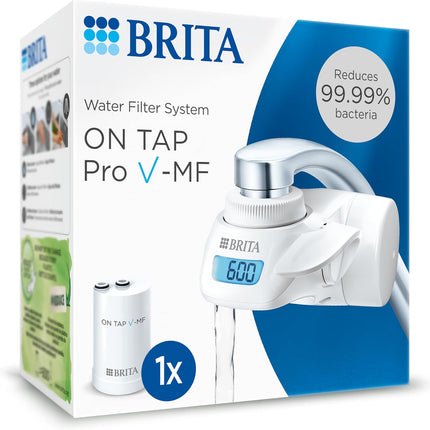 Brita ON TAP Pro V-MF faucet water filter attached to a kitchen tap with LCD display