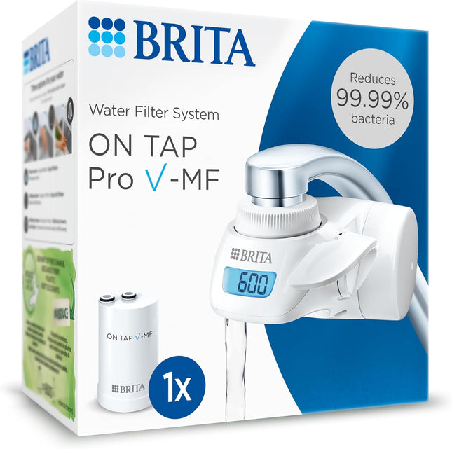 Brita ON TAP Pro V-MF faucet water filter attached to a kitchen tap with LCD display