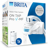 Brita ON TAP Pro V-MF faucet water filter attached to a kitchen tap with LCD display