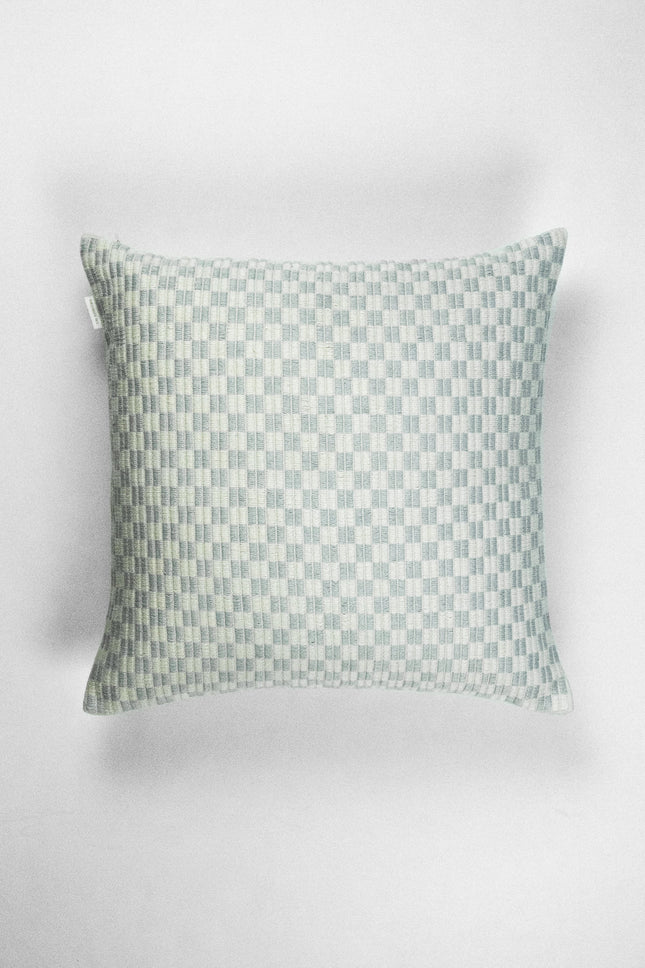 Handwoven checkered brocade pillow in grey and white from Guatemala