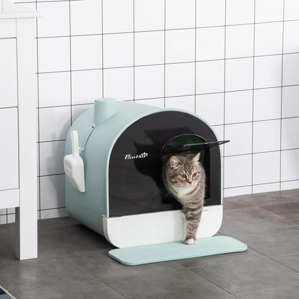 Covered Cat Litter Box with Odor Filter - Complete Privacy Kit with Tray, Scoop & Mat | Green Hooded Litter House - Marcapon