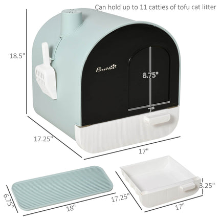 Covered Cat Litter Box with Odor Filter - Complete Privacy Kit with Tray, Scoop & Mat | Green Hooded Litter House - Marcapon