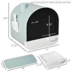Covered Cat Litter Box with Odor Filter - Complete Privacy Kit with Tray, Scoop & Mat | Green Hooded Litter House - Marcapon