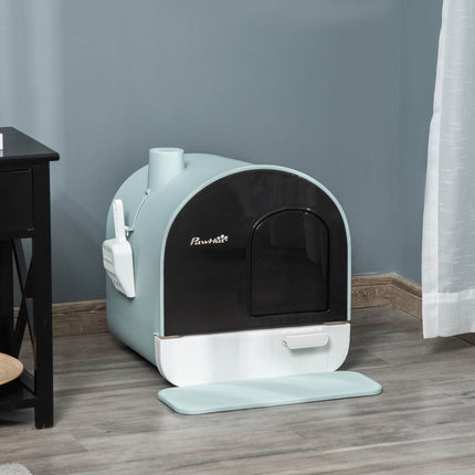 Covered Cat Litter Box with Odor Filter - Complete Privacy Kit with Tray, Scoop & Mat | Green Hooded Litter House - Marcapon