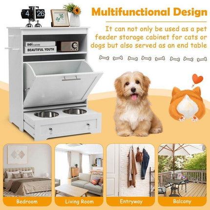Pet Feeder Station with Stainless Steel Bowls & Storage Cabinet - Elevated Dog Food Station with Pull-Out Drawer | All-in-One Pet Organization