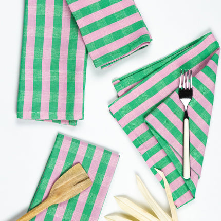 Handwoven flora stripe napkin in pink and green from Guatemala
