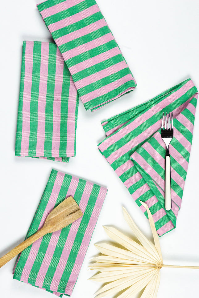 Handwoven flora stripe napkin in pink and green from Guatemala