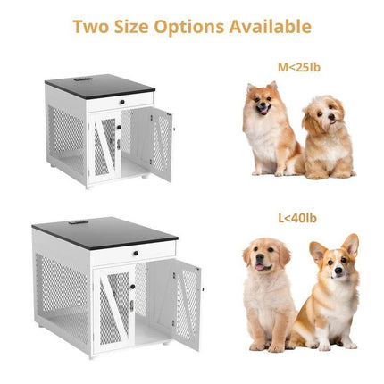 Furniture - Style Wooden Dog Crate End Table with USB Charging, Storage Drawer & Double Latch – For Medium Dogs up to 40 lbs - Marcapon