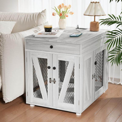 Furniture - Style Wooden Dog Crate End Table with USB Charging, Storage Drawer & Double Latch – For Medium Dogs up to 40 lbs - Marcapon