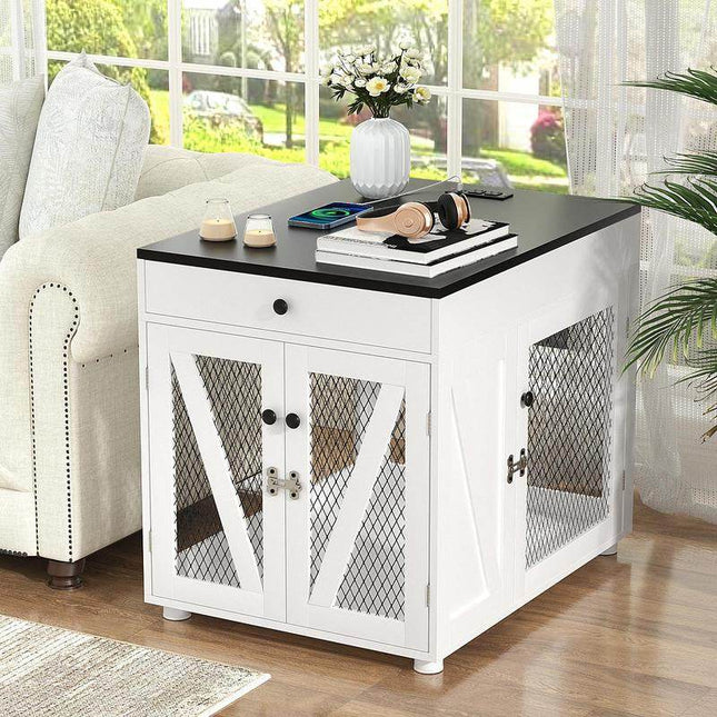 Furniture - Style Wooden Dog Crate End Table with USB Charging, Storage Drawer & Double Latch – For Medium Dogs up to 40 lbs - Marcapon