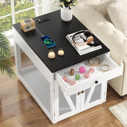 Furniture - Style Wooden Dog Crate End Table with USB Charging, Storage Drawer & Double Latch – For Medium Dogs up to 40 lbs - Marcapon