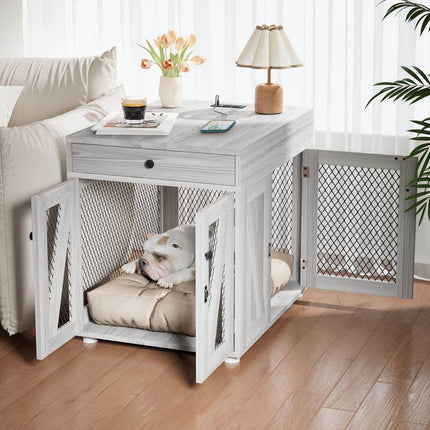 Furniture - Style Wooden Dog Crate End Table with USB Charging, Storage Drawer & Double Latch – For Medium Dogs up to 40 lbs - Marcapon