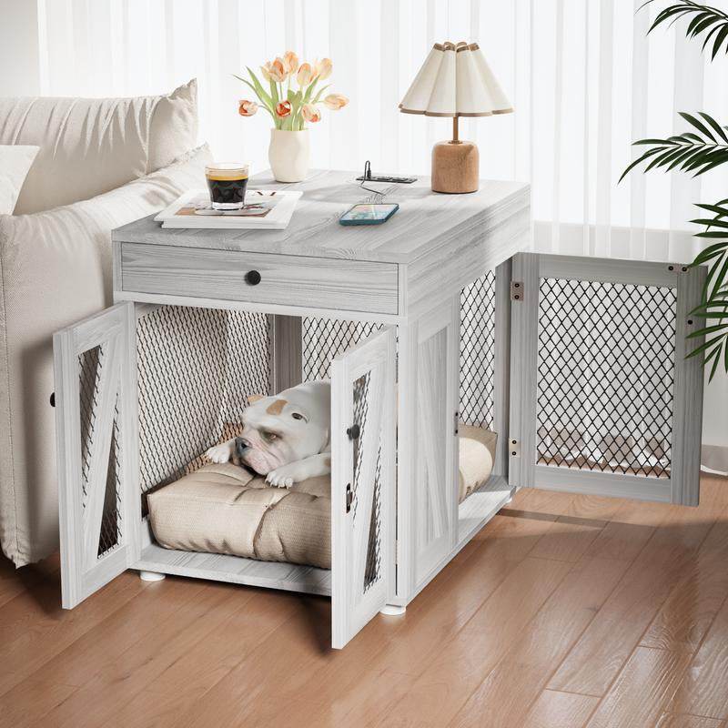 Furniture - Style Wooden Dog Crate End Table with USB Charging, Storage Drawer & Double Latch – For Medium Dogs up to 40 lbs - Marcapon