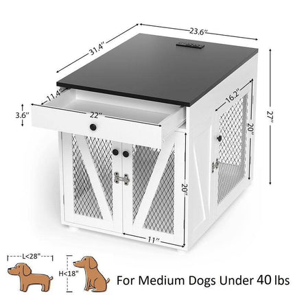 Furniture - Style Wooden Dog Crate End Table with USB Charging, Storage Drawer & Double Latch – For Medium Dogs up to 40 lbs - Marcapon