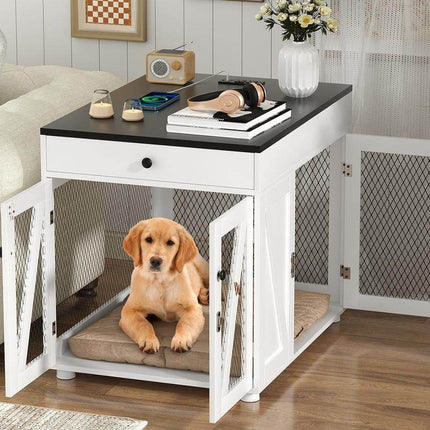 Furniture - Style Wooden Dog Crate End Table with USB Charging, Storage Drawer & Double Latch – For Medium Dogs up to 40 lbs - Marcapon
