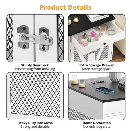 Furniture - Style Wooden Dog Crate End Table with USB Charging, Storage Drawer & Double Latch – For Medium Dogs up to 40 lbs - Marcapon