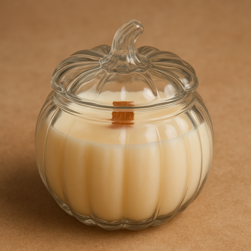 Glass pumpkin candle with crackling wood wick and autumn fragrance