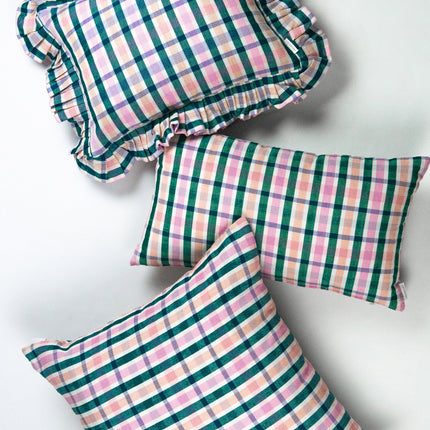 Lola plaid handwoven pillow with colorful striped textile, artisan made throw pillow