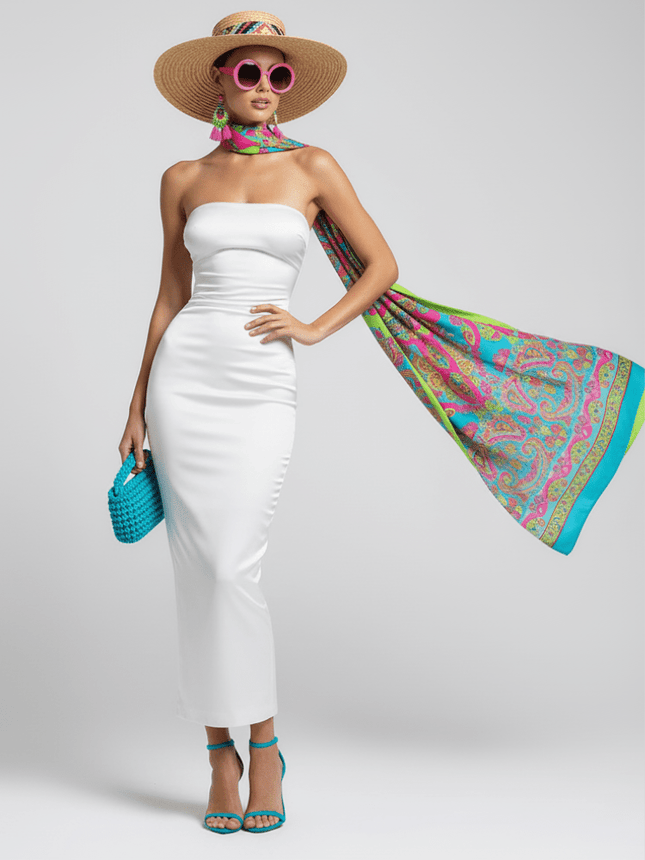 Long Skirt Dress With Asymmetric Style And Slim Fit Design For Women, White, Tribeca, BYMANYC New York. - Marcapon