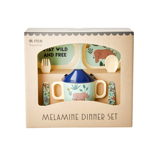 Melamine baby dinner set in gift box with blue jungle animal print including plate, sippy cup and cutlery