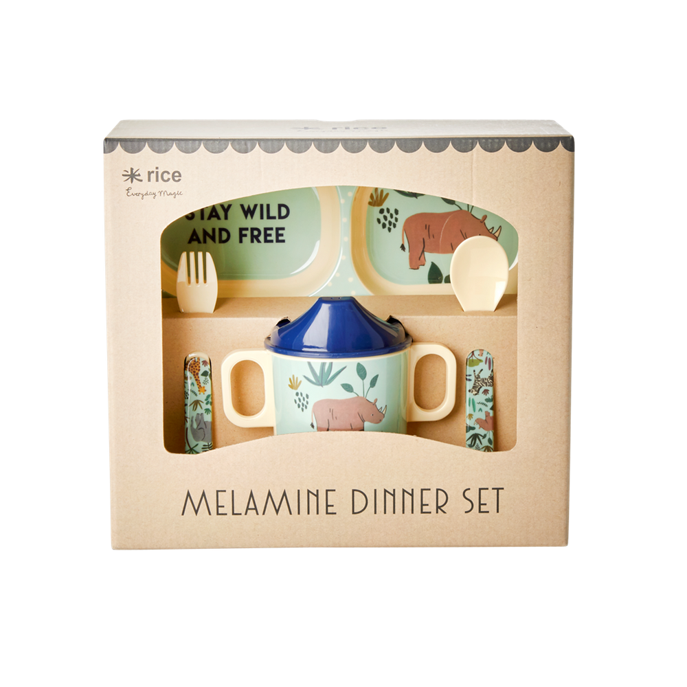 Melamine baby dinner set in gift box with blue jungle animal print including plate, sippy cup and cutlery