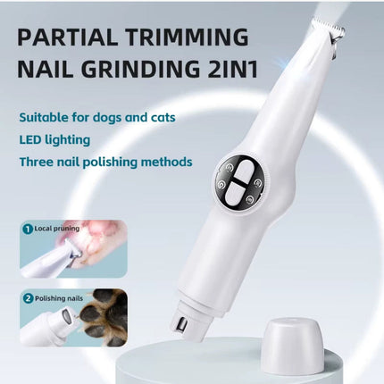 2-in-1 Pet Hair Trimmer & Nail Grinder | Quiet Rechargeable Grooming Tool