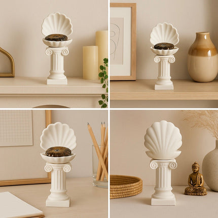 Roman Column Clam Shell Crystal Pebble Holder – White Stone-Like Marble Pedestal Display by KREATEUR Studio (Beta)
