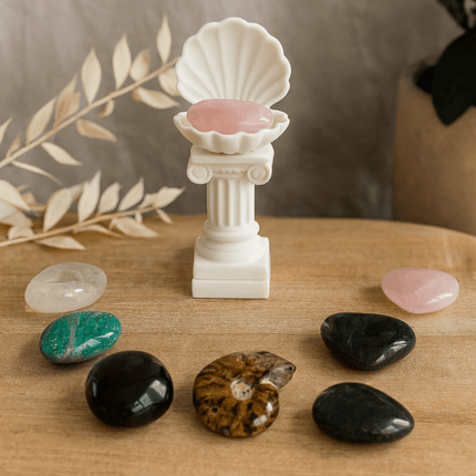 Roman Column Clam Shell Crystal Pebble Holder – White Stone-Like Marble Pedestal Display by KREATEUR Studio (Beta)