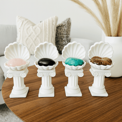 Roman Column Clam Shell Crystal Pebble Holder – White Stone-Like Marble Pedestal Display by KREATEUR Studio (Beta)