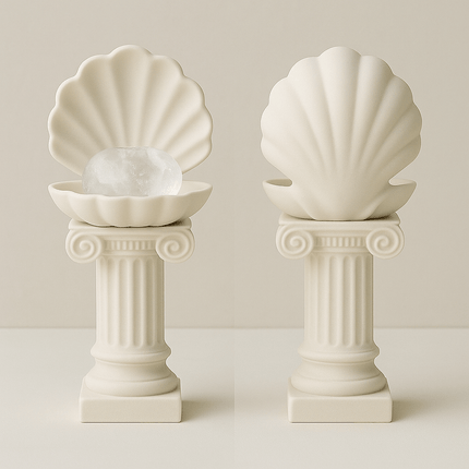 Roman Column Clam Shell Crystal Pebble Holder – White Stone-Like Marble Pedestal Display by KREATEUR Studio (Beta)