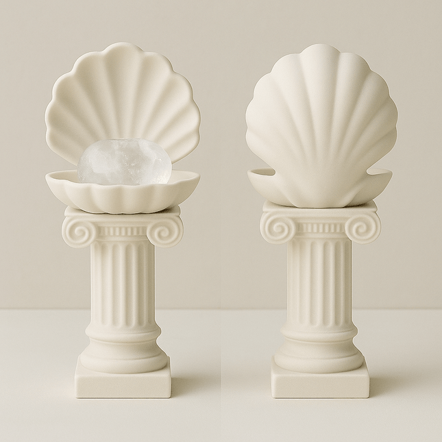 Roman Column Clam Shell Crystal Pebble Holder – White Stone-Like Marble Pedestal Display by KREATEUR Studio (Beta)