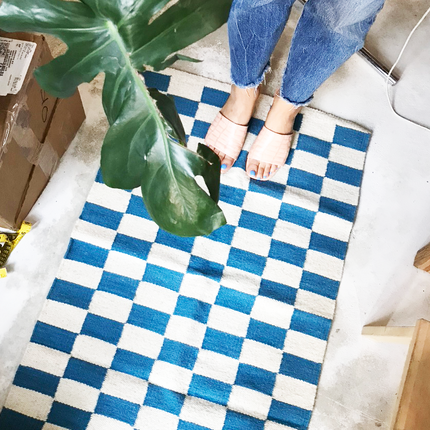 Zapotec Checkered Rug – Blue & Ivory