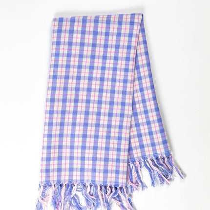 Handwoven Sofia plaid kitchen towel in periwinkle blue and pink