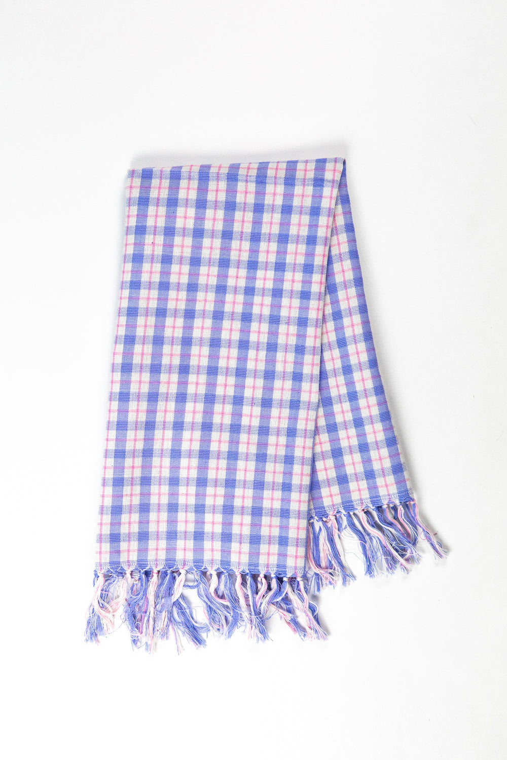 Handwoven Sofia plaid kitchen towel in periwinkle blue and pink