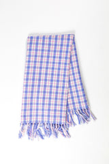 Handwoven Sofia plaid kitchen towel in periwinkle blue and pink