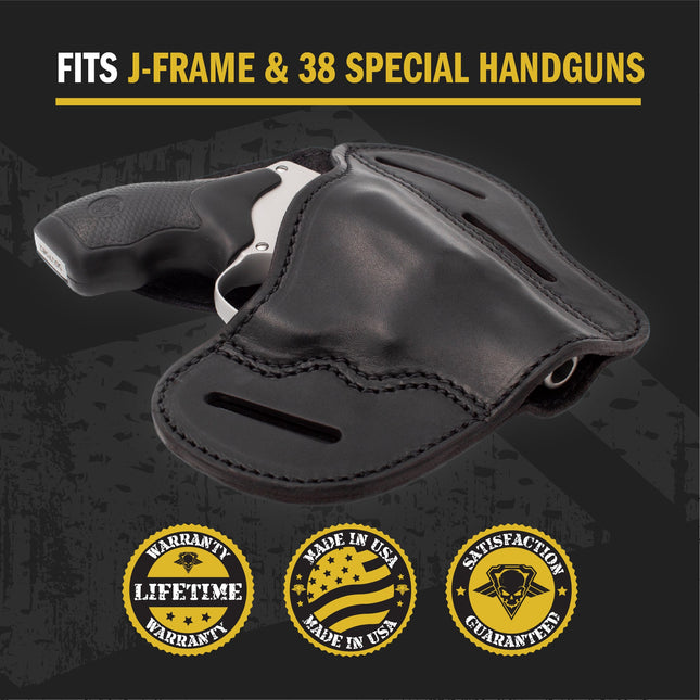 The Ultimate Leather Gun Holster | 3 Slot Pancake Style Belt Holster | Handmade in the USA! | J-Frame & 38 special - Lifetime Warranty
