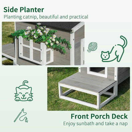 Weatherproof Outdoor Cat House with Porch & Escape Door - Feral Cat Shelter with Plant Stand | Dark Grey/White Wood Construction - Marcapon