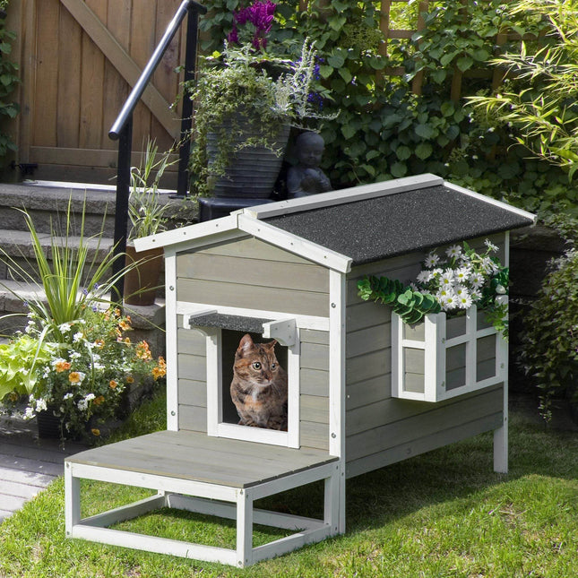 Weatherproof Outdoor Cat House with Porch & Escape Door - Feral Cat Shelter with Plant Stand | Dark Grey/White Wood Construction - Marcapon
