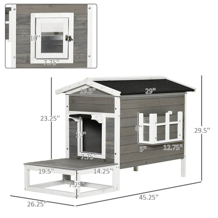 Weatherproof Outdoor Cat House with Porch & Escape Door - Feral Cat Shelter with Plant Stand | Dark Grey/White Wood Construction - Marcapon