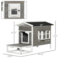 Weatherproof Outdoor Cat House with Porch & Escape Door - Feral Cat Shelter with Plant Stand | Dark Grey/White Wood Construction - Marcapon